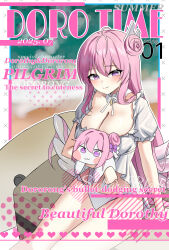 1girl absurdres ahoge bikini blush breasts cleavage closed_mouth collar collarbone cover dated detached_collar doro_(nikke) dorothy_(nikke) dress english_text goddess_of_victory:_nikke hair_between_eyes hair_bun hair_ribbon highres large_breasts long_hair looking_at_viewer magazine_cover panties pink_eyes pink_hair ribbon short_sleeves single_hair_bun single_side_bun sitting smile swimsuit thighs tist underwear white_bikini white_collar white_dress white_panties white_ribbon white_wings wings