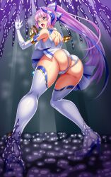 1girl :o absurdres ass ass_cutout back_cutout bare_shoulders blue_eyes blush boots breasts cameltoe clothing_cutout dress elbow_gloves element_venus from_behind full_body gloves headgear heart_cutout high_heel_boots high_heels high_ponytail highres horns kisaragi_nozomi large_breasts long_hair looking_at_viewer looking_back magical_girl open_mouth panties pink_hair pleated_skirt ponytail purple_hair ribbon shinsou_seiki_elementia shiny_skin sirano skirt sleeveless slime_(creature) slime_(substance) solo stage standing thigh_boots thighhighs torn_clothes torn_panties underwear very_long_hair white_gloves white_panties white_skirt white_thighhighs