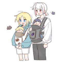 Rule 34 | &gt; o, 4girls, :d, animalization, baby, baby carrier, basil (wgh0anzdple3asf), black pants, blonde hair, blue eyes, blue hair, blue hoodie, cat, chibi, chibi inset, closed eyes, commentary, fang, flying sweatdrops, fujishima megumi, gradient hair, hair ornament, highres, hood, hoodie, if they mated, link! like! love live!, love live!, low ponytail, multicolored hair, multiple girls, murano sayaka, one eye closed, open mouth, osawa rurino, pants, ponytail, red eyes, red hair, science babies, shirt, short hair, simple background, skin fang, sleeping, smile, standing, star (symbol), star hair ornament, streaked hair, symbol-only commentary, very short hair, virtual youtuber, white background, white hair, white shirt, yugiri tsuzuri