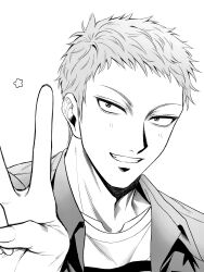 1boy collared_shirt commentary_request greyscale grin highres kaiji looking_at_viewer male_focus monochrome niwatori_panda sahara_makoto shirt short_bangs short_hair simple_background smile solo upper_body v