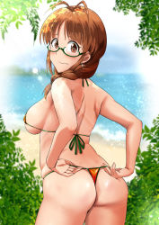 1girl :s adjusting_clothes adjusting_swimsuit akizuki_ritsuko antenna_hair ass bare_arms bare_shoulders beach bikini blush braid brown_eyes brown_hair closed_mouth commentary_request cowboy_shot earrings from_behind frown glasses green-framed_eyewear green_ribbon hair_over_shoulder idolmaster idolmaster_(classic) jewelry leaning_forward long_hair looking_at_viewer looking_back micro_bikini minpei_ichigo ocean orange_bikini outdoors ribbon single_braid solo sparkle sunlight swimsuit thong_bikini water