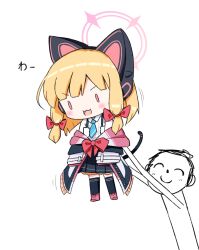 1boy 1girl :3 :d animal_ear_headphones animal_ears aqua_necktie black_skirt black_thighhighs blonde_hair blue_archive blush boots bow buttons carrying carrying_person cat_ear_headphones cat_ears cat_tail chibi chibi_only collared_shirt commentary_request doodle_sensei_(blue_archive) fake_animal_ears fake_tail frilled_jacket frilled_skirt frills full_body hair_bow halo hands_on_another&#039;s_chest headphones jacket lifting_person long_arms long_sleeves looking_down low-tied_sidelocks medium_hair momoi_(blue_archive) multicolored_jacket necktie neochi_tanuo off_shoulder open_clothes open_jacket open_mouth partial_commentary pink_boots pink_eyes pink_halo pink_jacket pleated_skirt red_bow school_uniform sensei_(blue_archive) shirt sidelocks skirt sleeves_past_fingers sleeves_past_wrists smile suspender_skirt suspenders tail thighhighs translation_request v-shaped_eyebrows white_shirt wide_sleeves zettai_ryouiki |_|