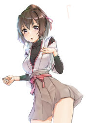 1girl absurdres black_undershirt blush breasts brown_hair brown_hakama cowboy_shot hair_between_eyes hair_ribbon hakama hakama_skirt highres ise_(kancolle) japanese_clothes kangoku_kou kantai_collection large_breasts looking_at_viewer open_mouth pink_eyes ponytail red_ribbon ribbon simple_background skirt solo white_background