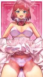 1girl absurdres blue_eyes blush bra breasts bridal_veil cameltoe cleavage commission dress flashing flower flower_necklace gluteal_fold hair_ornament heart heart_background highres jewelry lipstick looking_at_viewer makeup medium_breasts neck_flower necklace official_alternate_costume panties pulling_own_clothes r123 red_flower red_hair red_lips red_rose rose rose_(tales) rose_(wedding)_(tales) short_hair smile solo sparkle_background steam tales_of_(series) tales_of_asteria tales_of_link tales_of_zestiria underwear veil white_bra white_dress white_panties