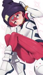Rule 34 | 1girl, adjusting clothes, adjusting headwear, amate yuzuriha, aqua eyes, beanie, blush, breasts, closed mouth, commentary, gundam, gundam gquuuuuux, hair between eyes, haro, hat, highres, looking at viewer, osa (osaosa), pants, pink hair, polka dot, polka dot background, purple hair, purple pupils, red pants, shoes, short hair, sweatdrop, white background, white shoes