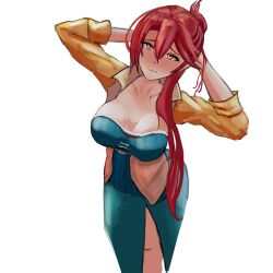 1girl arms_behind_head blush breasts cleavage commentary cowboy_shot double-parted_bangs eiyuu_densetsu english_commentary hair_between_eyes hair_bun highres jacket large_breasts long_hair long_sidelocks long_sleeves pink_hair r_thors sara_valestein sen_no_kiseki sen_no_kiseki_(series) sen_no_kiseki_iii sidelocks simple_background single_sidelock solo white_background yellow_eyes