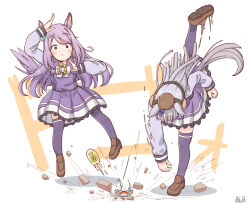 2girls animal_ears arm_up blue_ribbon blush bow brown_hat brown_shoes closed_mouth commentary_request ear_bow ear_ribbon frilled_skirt frills gold_ship_(umamusume) grey_hair hat highres horse_ears horse_girl horse_tail leg_up loafers long_hair long_sleeves mejiro_mcqueen_(umamusume) mini_hat motion_lines multiple_girls pleated_skirt puffy_long_sleeves puffy_sleeves purple_bow purple_hair purple_shirt purple_skirt purple_thighhighs rakugakiraid ribbon school_uniform shadow shirt shoe_soles shoes signature skirt speed_lines standing standing_on_one_leg stiff_tail surprised swept_bangs tail thighhighs throwing tracen_school_uniform translation_request umamusume very_long_hair white_background white_bow