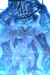 Rule 34 | 1girl, abyssal ship, armpits, arms up, blue eyes, breasts, c-string, colored skin, commentary request, cowboy shot, glowing, glowing eyes, hair censor, hat, highres, kantai collection, large breasts, long hair, looking at viewer, mechanical arms, muscular, muscular female, navel, northern water princess, oso (toolate), sidelocks, stomach, strapless bottom, thighhighs, white hair, white skin