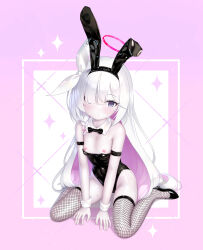 1girl animal_ear_hairband animal_ears black_bow black_bowtie black_hairband black_leotard blue_archive bow bowtie braid breasts cementite colored_inner_hair detached_collar fake_animal_ears fishnet_thighhighs fishnets flat_chest grey_eyes hair_over_one_eye hairband halo highleg highleg_leotard highres leotard loli long_hair looking_at_viewer multicolored_hair nipples pink_hair plana_(blue_archive) playboy_bunny rabbit_ear_hairband rabbit_ears red_halo red_pupils single_braid small_breasts strapless strapless_leotard thighhighs traditional_bowtie very_long_hair white_hair