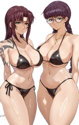 Rule 34 | 2girls, absurdres, arm tattoo, arms behind back, bikini, black bikini, black lagoon, braid, breasts, brown eyes, brown hair, cleavage, cross, cross necklace, glasses, hair down, harutoyumaarts, highres, jewelry, large breasts, long hair, looking at viewer, multiple girls, navel, necklace, purple hair, revy (black lagoon), roberta (black lagoon), round eyewear, shoulder tattoo, sidelocks, simple background, stomach, strap gap, swimsuit, tattoo, twin braids, white background