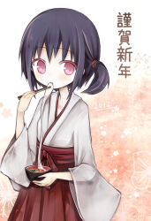 1girl 2012 :t amakaze_sora black_hair bowl chopsticks cowboy_shot eating floral_print food_request hair_ornament hair_scrunchie hakama holding holding_bowl holding_chopsticks japanese_clothes kimono long_sleeves looking_at_viewer low_ponytail miko original pink_eyes ponytail red_hakama scrunchie short_hair side_ponytail solo translation_request white_kimono wide_sleeves