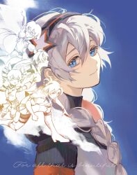 Rule 34 | 5girls, blue background, blue eyes, braid, bronya zaychik, bronya zaychik (valkyrie chariot), closed mouth, commentary, english commentary, english text, fu hua, fu hua (valkyrie accipiter), highres, honkai (series), honkai impact 3rd, jacket, kiana kaslana, kiana kaslana (white comet), long hair, looking at viewer, multiple girls, murata himeko, murata himeko (battle storm), myrmm ify, raiden mei, raiden mei (crimson impulse), smile, tareme, twin braids, upper body, white hair, white jacket