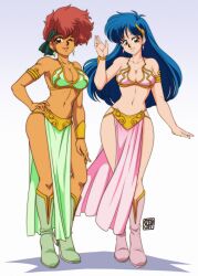0tacat 2girls armlet blue_eyes blue_hair breasts cleavage cosplay dark-skinned_female dark_skin dirty_pair female_focus full_body highres huttslayer_leia jewelry kei_(dirty_pair) large_breasts leia_organa_(cosplay) matching_hair/eyes multiple_girls navel one_eye_closed pelvic_curtain princess_leia red_eyes red_hair smile standing stomach tan wink yuri_(dirty_pair)