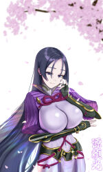 1girl \m/ absurdres arm_guards arm_under_breasts black_gloves bodysuit breasts character_name cherry_blossoms cherry_tree cleavage closed_mouth commentary covered_navel cowboy_shot crow019 falling_petals fate/grand_order fate_(series) fingerless_gloves gloves hand_up head_tilt highres huge_breasts impossible_bodysuit impossible_clothes japanese_clothes large_breasts long_bangs long_hair looking_at_viewer minamoto_no_raikou_(fate) parted_bangs pelvic_curtain petals purple_bodysuit purple_eyes purple_hair purple_rope purple_shrug ribbed_shrug rope shiny_clothes shrug_(clothing) simple_background skin_tight smile solo translated very_long_hair white_background