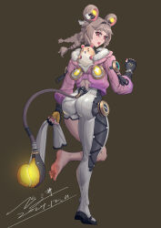 1girl artist_name ass blush bodysuit braid brown_eyes brown_hair from_behind gloves hamster jacket long_hair looking_at_viewer looking_back lumi_(wuthering_waves) open_mouth skin_tight tail tongue tongue_out twin_braids wuthering_waves