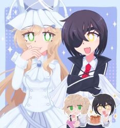black_coat black_hair coat dress eyepatch green_eyes highres kure_kirika long_coat long_hair looking_at_viewer magical_girl mahou_shoujo_madoka_magica mahou_shoujo_oriko_magica medium_hair mikuni_oriko orange_eyes renami very_long_hair white_dress white_hair
