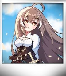 1girl absurdres ahoge arms_behind_back belt brown_corset brown_eyes brown_hair cleavage_cutout clothing_cutout cloud cloudy_sky corset dagger falling_petals hair_down hair_ornament hairclip highres hololive hololive_english knife long_hair looking_at_viewer multicolored_hair nanashi_mumei nanashi_mumei_(1st_costume) petals polaroid_photo shirt shutowl sky smile streaked_hair upper_body very_long_hair virtual_youtuber weapon white_shirt