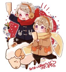 2boys animal animal_print arm_up axis_powers_hetalia baggy_pants bear_print black_boots black_pants blonde_hair blue_coat blush boots brown_boots brown_coat chibi closed_mouth coat commentary_request fake_horns full_body fur-trimmed_boots fur_trim grey_hair hagoita hair_between_eyes hairband horns kikumon long_sleeves looking_at_another multiple_boys new_year notice_lines open_mouth orange_hairband paddle pants pink_eyes prussia_(hetalia) purple_eyes red_scarf russia_(hetalia) scarf sheep sheep_horns short_hair sikippp smile standing teeth v-shaped_eyebrows wide_sleeves yellow_scarf