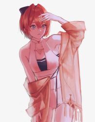 1girl absurdres alternate_costume ange_katrina arm_up armpit_peek armpits bare_shoulders black_bow blue_eyes bow breasts collarbone commentary_request cowboy_shot crossed_bangs hair_between_eyes hair_bow hair_intakes hand_on_own_thigh highres jacket jacket_partially_removed nijisanji one-piece_swimsuit parted_lips red_hair see-through_clothes see-through_jacket shading_eyes short_hair simple_background small_breasts solo swimsuit usasuzu virtual_youtuber white_background white_one-piece_swimsuit
