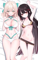 2girls ahoge aqua_bikini aqua_bow bare_shoulders bikini black_bikini black_hair blonde_hair blush bow breasts cleavage collarbone fate/grand_order fate_(series) frilled_bikini frills front-tie_bikini_top front-tie_top gluteal_fold green_bow hair_between_eyes hair_bow highleg highleg_bikini koha-ace large_breasts layered_bikini long_hair looking_at_viewer medium_breasts multiple_girls navel oda_nobunaga_(fate) oda_nobunaga_(koha-ace) oda_nobunaga_(swimsuit_berserker)_(fate) oda_nobunaga_(swimsuit_berserker)_(second_ascension)_(fate) okita_j._souji_(fate) okita_j._souji_(third_ascension)_(fate) okita_souji_(fate) okita_souji_(koha-ace) open_mouth red_eyes ringochan_txt short_hair smile solo swimsuit thighs very_long_hair white_bikini yellow_eyes