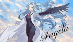 1girl :d angela_(project_moon) black_leggings black_skirt black_vest black_wings blue_hair blue_sky calligraphy cloud cloudy_sky coat collared_shirt cowboy_shot curtained_hair english_text feathered_wings hair_flowing_over hair_ribbon high_side_ponytail highres leggings lobotomy_corporation long_hair looking_at_viewer necktie open_clothes open_coat open_mouth outstretched_arms project_moon red_necktie ribbon shirt single_wing skirt sky smile solo very_long_hair vest white_coat white_shirt wings yellow_eyes zukichou