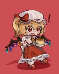 ! 1girl :o ascot blonde_hair bow chibi fang flandre_scarlet food highres mary_janes medium_hair pudding puffy_short_sleeves puffy_sleeves red_bow red_eyes red_shoes red_skirt red_vest shirt shoes short_sleeves side_ponytail skirt solo spoon touhou vest vinyooki white_shirt yellow_ascot