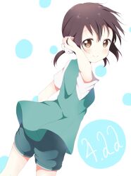 1girl blue_shorts blush brown_eyes brown_hair closed_mouth commentary_request cowboy_shot dated from_behind funami_yui green_vest hair_ornament hair_scrunchie hand_in_own_hair looking_at_viewer looking_back scrunchie shirt short_hair short_sleeves shorts smile solo standing toma_(shinozaki) vest white_background white_scrunchie white_shirt yuruyuri