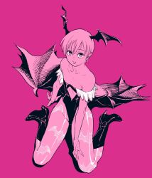 1girl ahn_dongshik animal_print bare_shoulders bat_print bat_wings boots bridal_gauntlets darkstalkers demon_girl diamond_cutout flat_chest fur-trimmed_leotard fur_trim hand_on_floor hand_on_own_thigh head_wings high_heel_boots high_heels highleg highleg_leotard highres leotard lilith_(darkstalkers) lips looking_at_viewer looking_up off-shoulder_leotard pantyhose pink_background pink_theme print_pantyhose shiny_clothes short_hair simple_background sitting solo wariza wings