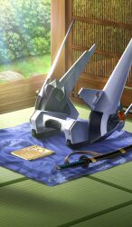 book bush commentary fate/grand_order fate_(series) grass indoors katana lasengle light_rays nature no_humans object_request official_art sheath sheathed still_life sunbeam sunlight sword tatami third-party_source weapon