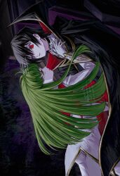 1boy 1girl ascot ass black_hair c.c. cape code_geass geass gloves green_hair highres lelouch_vi_britannia long_hair mecha_pilot_suit purple_eyes ruki_atamaokasii white_gloves yellow_eyes zero_(code_geass)