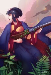 1girl blue_hakama braid eboshi full_body gun hakama hakama_pants highres holding holding_gun holding_weapon japanese_clothes kimono lips lipstick looking_to_the_side makeup mononoke_hime pants red_kimono red_lips shaniafan solo studio_ghibli weapon