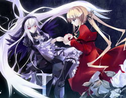 00s 2girls blonde_hair capelet dress duplicate floating floating_hair flower frills hairband hinoto hand_grab jpeg_artifacts long_hair multiple_girls profile red_dress red_eyes rose rozen_maiden shinku silver_hair suigintou very_long_hair wings