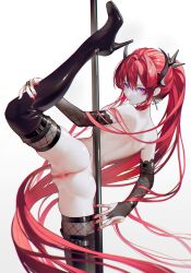 Rule 34 | 1girl, anus, arknights, ass, back, boots, censored, cropped legs, cross, cross earrings, double-parted bangs, earrings, high heels, highres, horns, iumu, jewelry, long hair, looking at viewer, mosaic censoring, pole dancing, ponytail, purple eyes, pussy, red hair, red nails, sidelocks, spread legs, stiletto heels, surtr (arknights), thigh boots, turning head, very long hair, white background