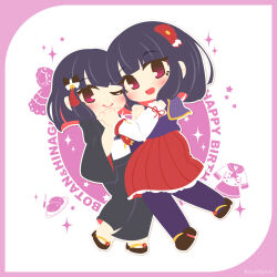 2girls battle_girl_high_school black_hair black_pants flower hair_flower hair_ornament happy_birthday highres holding_hands kamine_botan kamine_hinagi motyomi multiple_girls one_eye_closed pants pantyhose purple_pantyhose red_eyes red_skirt sandals school_uniform siblings sisters skirt smile sparkle sword weapon wide_sleeves