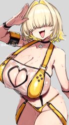 1girl ahoge bare_shoulders bikini blonde_hair blush breasts cleavage clothing_cutout collarbone covered_eyes elegg_(nikke) fang goddess_of_victory:_nikke grey_background hair_intakes hair_over_eyes heart_cutout highres huge_breasts medium_hair open_mouth salute shigatsu_shizuki simple_background skin_fang smile solo sweat swimsuit thighs yellow_bikini