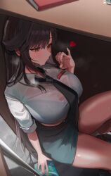 1girl absurdres black_hair black_necktie black_skirt blance blush bra_visible_through_clothes breasts closed_mouth desk goddess_of_victory:_nikke handjob_gesture heart highres large_breasts marciana_(nikke) marciana_(school_days)_(nikke) midriff navel_piercing necktie pencil_skirt piercing practicing revision see-through_clothes see-through_shirt sexually_suggestive shirt skirt socks solo sweat thighs under_table white_shirt yellow_eyes