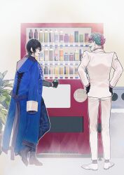 Rule 34 | 2boys, :d, aqua hair, aqua lips, black-framed eyewear, black boots, black gloves, black hair, blue coat, blue pants, boots, bottle, can, coat, coat on shoulders, commentary request, crossed bangs, drink can, ear piercing, earrings, flower pot, glasses, gloves, green eyes, hair between eyes, hands on own hips, highres, holding, holding can, jacket, jewelry, joe rikiichi, joe rikiichi (1st costume), kaburagi (pnoir087), long sleeves, looking at another, looking to the side, male focus, multicolored hair, multiple boys, nijisanji, open mouth, pants, piercing, pink hair, plant, potted plant, purple eyes, purple hair, purple socks, shikinagi akira, shikinagi akira (1st costume), shoes, short hair, smile, socks, standing, stud earrings, teardrop facial mark, vending machine, virtual youtuber, white jacket, white pants, white shoes