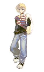 1boy alternate_costume androgynous belt black_belt black_shirt blonde_hair blue_eyes blue_pants brown_belt choker closed_mouth converse denim dot_nose full_body gelb grey_background hair_ornament hairclip highres holding holding_unworn_clothes hunter_x_hunter jacket jacket_over_shoulder jeans jewelry kurapika layered_sleeves long_sleeves looking_at_viewer male_focus multiple_belts necklace pants parallel_hairclips shirt shoelaces shoes short_over_long_sleeves short_sleeves simple_background sketch sneakers solo standing striped_clothes striped_shirt unworn_jacket