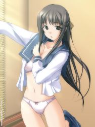 Rule 34 | 1girl, bottomless, bow, bow panties, bra, brown eyes, brown hair, dressing, duplicate, female focus, hair bow, hizuki ayumi, kawagishi keitarou, lace, lace-trimmed bra, lace trim, leg lift, lingerie, long hair, navel, no pants, open clothes, open shirt, panties, ringetsu, school uniform, serafuku, shirt, solo, standing, underwear, undressing, white bra, white panties