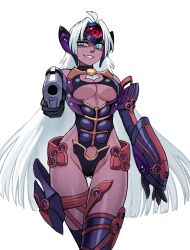 1girl absurdres aiming aiming_at_viewer blue_eyes blunt_ends breasts cyborg dark-skinned_female dark_skin forehead_protector groin gun highres holding holding_gun holding_weapon large_breasts long_hair simple_background smile solo standing t-elos underboob very_long_hair watcher_hollow weapon white_background white_hair xenosaga xenosaga_episode_iii
