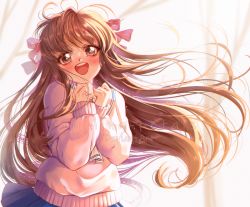 1990s_(style) 1girl :d artist_name blue_ribbon blue_skirt brown_eyes brown_hair commentary english_commentary eyelashes floating_hair fruits_basket hair_ribbon honda_tooru long_hair long_sleeves miniskirt open_mouth pleated_skirt raining-petals retro_artstyle ribbon school_uniform serafuku skirt smile solo sweater upper_body watermark white_background wind