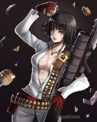 1girl artist_name biker_clothes bikesuit black_hair bodysuit breasts devil_may_cry devil_may_cry_(series) devil_may_cry_3 explosive gloves grenade gzei heterochromia highres holding holding_grenade kalina_ann_(weapon) lady_(devil_may_cry) no_bra red_gloves rocket_launcher scar scar_on_face scar_on_nose short_hair weapon zipper zipper_pull_tab