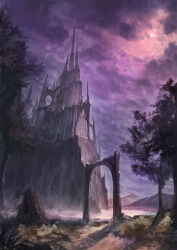absurdres arch architecture building castle cloud cloudy_sky fantasy from_below full_moon grass highres moon mountainous_horizon night night_sky no_humans original outdoors painterly purple_sky puyoakira scenery shadow simple_bird sky tree