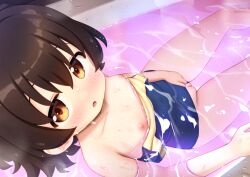 1girl adversarial_noise akagi_miria bathtub blue_one-piece_swimsuit blush breasts breasts_out brown_eyes brown_hair cameltoe cedar_(cedar_japonica) clothes_pull clothing_aside commentary_request idolmaster idolmaster_cinderella_girls loli looking_at_viewer nipples one-piece_swimsuit one-piece_swimsuit_pull open_mouth paid_reward_available partially_submerged school_swimsuit small_breasts solo swimsuit swimsuit_aside variant_set