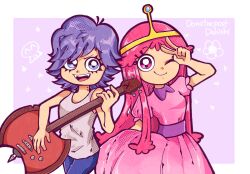 2girls adventure_time ami_onuki artist_name axe battle_axe bite_mark bite_mark_on_neck blue_eyes blue_hair blue_pants breasts closed_mouth commentary cosplay danishi dress electric_guitar fangs grey_tank_top guitar heart hi_hi_puffy_amiyumi highres holding holding_guitar holding_instrument instrument long_dress long_hair marceline_abadeer marceline_abadeer_(cosplay) medium_hair multiple_girls one_eye_closed open_mouth pants pink_dress pink_eyes pink_hair princess_bonnibel_bubblegum princess_bonnibel_bubblegum_(cosplay) shirt signature skirt_hold sleeveless sleeveless_shirt small_breasts smile tank_top teeth tiara upper_teeth_only v weapon white_shirt yumi_yoshimura