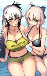 2girls absurdres ahoge bare_shoulders bikini black_bikini black_bow black_hair blonde_hair bow breasts camisole cleavage dolphin_shorts dynamitenatalia fate/grand_order fate_(series) green_eyes hair_between_eyes hair_bow half_updo highleg highleg_bikini highres large_breasts long_hair midriff multicolored_hair multiple_girls nagao_kagetora_(fate) okita_j._souji_(fate) okita_j._souji_(first_ascension)_(fate) okita_souji_(fate) parted_lips short_hair short_shorts shorts sidelocks sitting smile swimsuit thighs two-tone_hair uesugi_kenshin_(fate) very_long_hair white_hair yellow_camisole yellow_eyes yellow_shorts