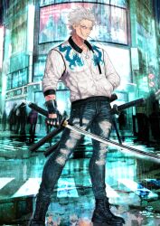1boy arm_at_side black_boots black_gloves blue_eyes blue_pants boots city closed_mouth denim dragon_print expressionless facial_scar fate/grand_order fate_(series) frown full_body game_cg glove_cutout gloves hair_slicked_back hand_in_pocket hirano_ryouji jacket jeans jewelry katana lace-up_boots legs_apart looking_at_viewer male_focus mouth_hold multiple_swords nagakura_shinpachi_(fate) night official_art pants partially_unzipped pendant people print_jacket scar scar_on_cheek scar_on_face sheath sheathed shirt short_hair sleeve_pushed_up solo_focus stalk_in_mouth standing sword third-party_source torn_clothes torn_jeans torn_pants unsheathed v-shaped_eyebrows variant_set weapon white_hair white_jacket white_shirt zipper