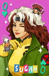 1boy 1girl black_cat black_gloves bodysuit breasts brown_hair cat chibi commentary english_commentary gambit gloves green_bodysuit green_jacket grey_hairband gwindows22 hairband heart jacket long_sleeves marvel multicolored_hair one_eye_closed orange_cat red_lips rogue_(x-men) siamese_cat smile sparkle superhero_costume two-tone_bodysuit two-tone_hair white_hair x-men yellow_bodysuit yellow_gloves