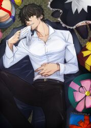 Rule 34 | 1boy, 1girl, absurdres, belt, black belt, black hair, black pants, black shoes, black skirt, black suit, black thighhighs, blue ribbon, box, coat, collarbone, collared shirt, d.gray-man, dress shirt, earrings, facial mark, forehead mark, formal clothes, frilled skirt, frills, gift, gift box, gloves, grin, hair between eyes, hand on own stomach, highres, jewelry, kneeling, light smile, long sleeves, looking at viewer, lying, mature male, messy hair, miniskirt, mole, mole under eye, noah (d.gray-man), on back, on floor, pants, parted lips, pink ribbon, pleated skirt, red ribbon, removing glove, ribbon, road kamelot, seto satoru, shirt, shoes, short hair, signature, single glove, skirt, smile, solo focus, stud earrings, suit, thighhighs, thighs, twitter username, tyki mikk, unworn coat, white gloves, white shirt, yellow eyes, yellow ribbon