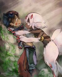 1boy 1girl artist_name blush brown_hair cape child claws commentary commentary_request dark-skinned_female dark_skin extra_arms facial_mark faputa fewer_digits furry helmet hetero highres kingjoshua looking_at_another made_in_abyss mechanical_arms monster_girl moss multiple_tails open_mouth pinned pointy_ears reg_(made_in_abyss) rock short_hair tail topless_male very_dark_skin white_fur white_hair